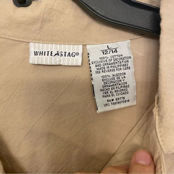 White Stag vintage khaki tan short sleeve button up embroidered tropical top L - Picture 4 of 7